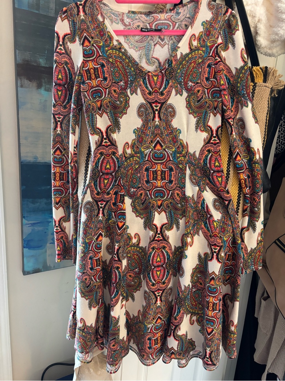 V-Neck Paisley Swing Dress in Cream with Multicolor Print
